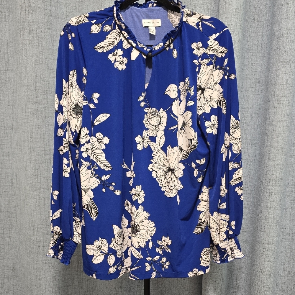Susan Graver Blue Black and White Floral Blouse‎ With Ruffle Round Neck Size L